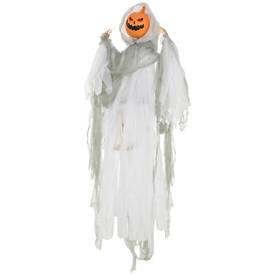 Outdoor Halloween Hanging Pumpkin Ghost W/ Light Up Eyes, Sound Activated Prop W/ Creepy Howling Sounds