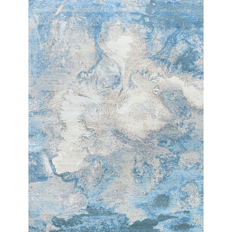 Tapis bleu et argent noué à la main de haute qualité, Rectangulaire 8 pi x 10 pi