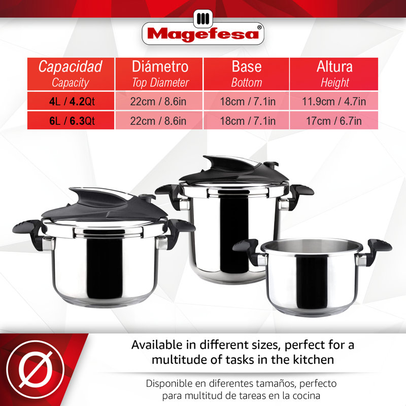 Magefesa Nova Stovetop Pressure Cooker Set, 4.2 & 6.3 Quart, Fast Cooking, Easy Locking, 18/10 Stainless Steel, Induction Compatible, 5 Safety Features, 11.6 PSI