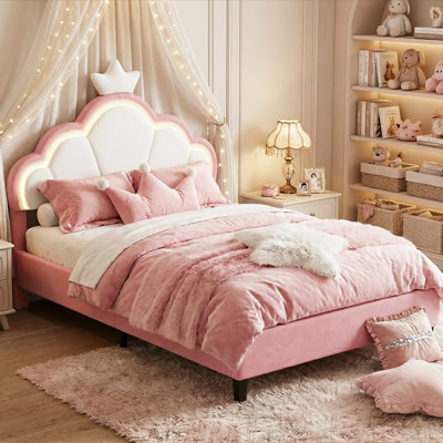 UK Single & Double Upholstered Princess Bed With LED Crown Headboard, Pink & White Velvet