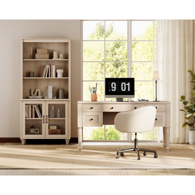 Ensemble de bureau 2 pièces, bureau double 56 "et bibliothèque avec portes en verre, beige