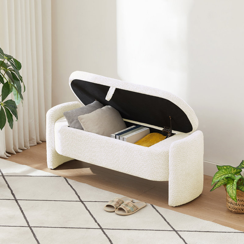 Ottoman Oval Storage Bench 3D Lamb Fleece Fabric  Bench, Cream White