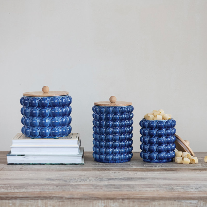 Zeppelin Stoneware Raised Kitchen Canister, 8.25" H x 6" W x 6" D, Navy/Natural