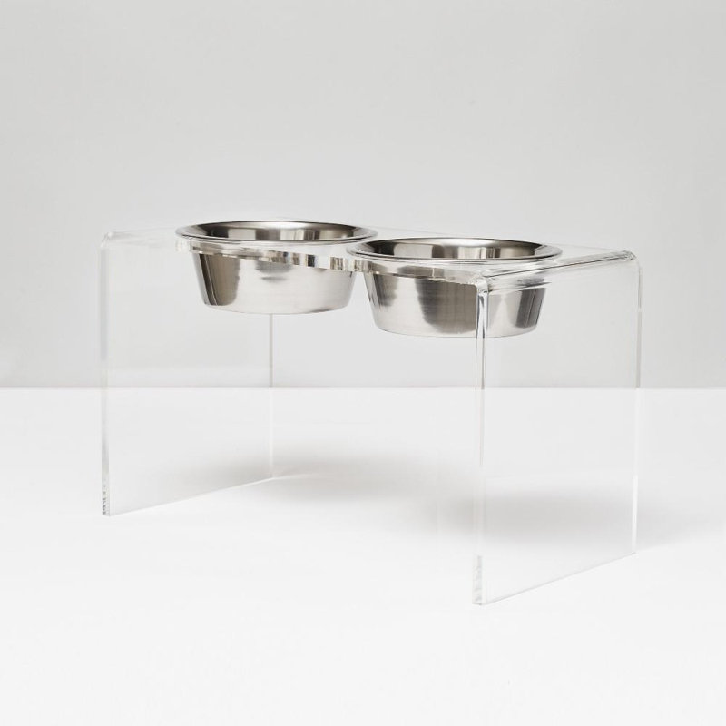 Tall Clear Elevated Feeder with Bowls, Silver, Clear