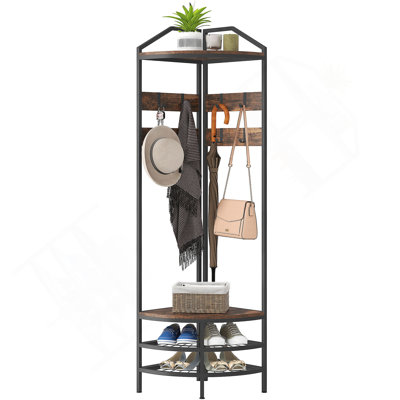 Coat Rack Corner Hall Tree, Industrial 4-Tier Coat Rack with Shoe Storage, 8 Movable Hooks and 2 Shelves