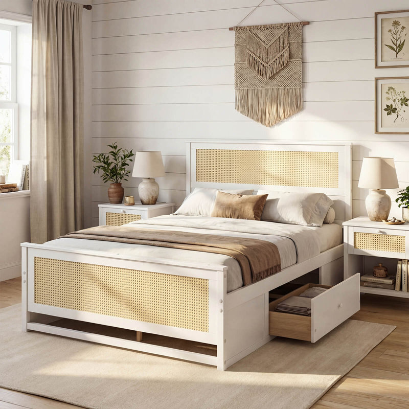 Structure de lit double en rotin avec tête de lit, 2 tiroirs de rangement et espace, blanc, Full / Double, White