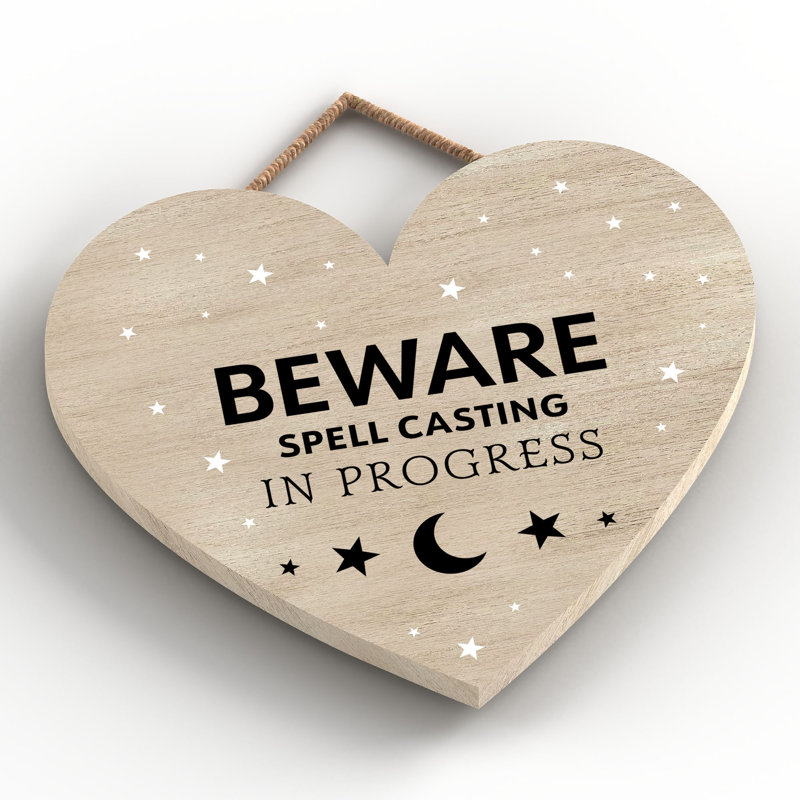 Witch Beware Spell Casting Wooden Heart Plaque, Brown