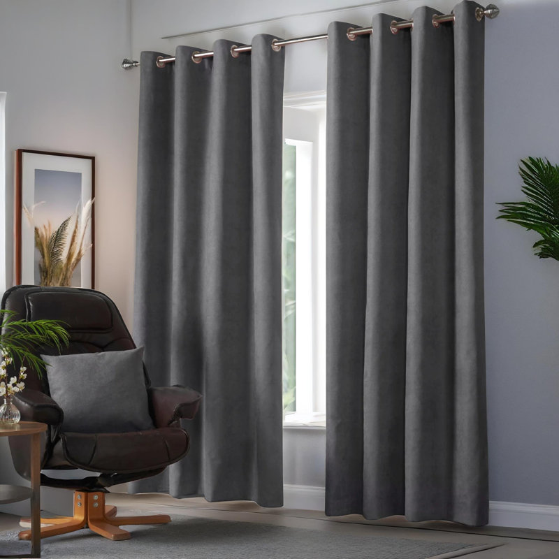 Nalaiyah Velvet Chenille Eyelet Room Darkening Curtains, 142cm Width x 229cm Drop, Slate