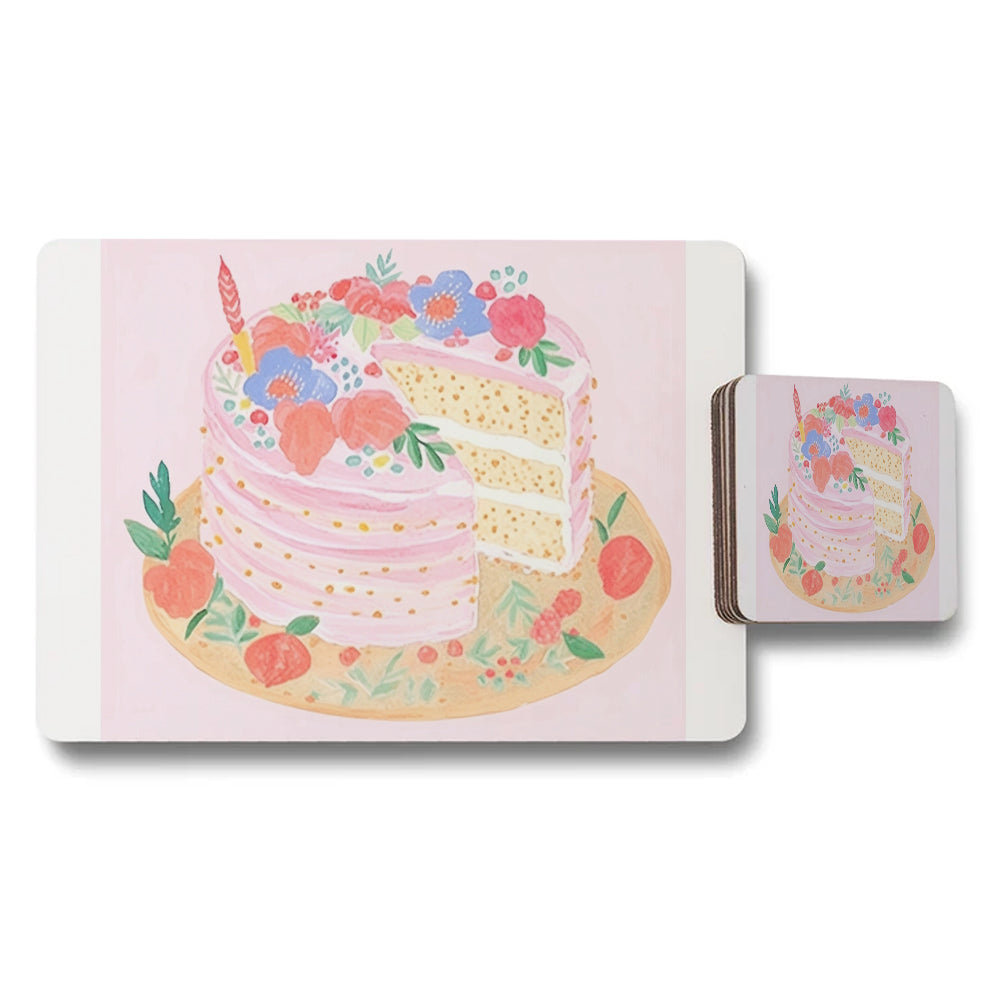 Pastel Floral Cake Placemats And Coaster Set For Table Decor