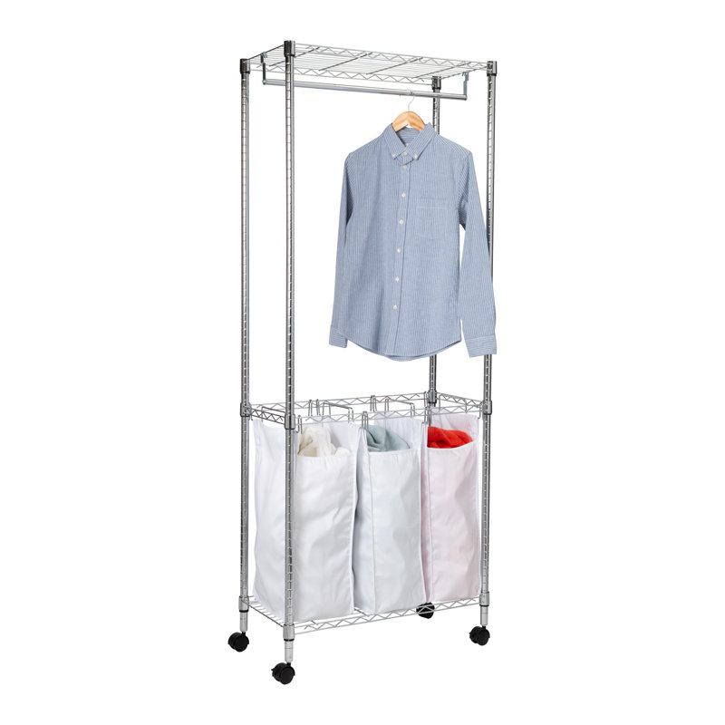 Chrome Steel Rolling Laundry Center with Triple Sorter and Hanging Rod