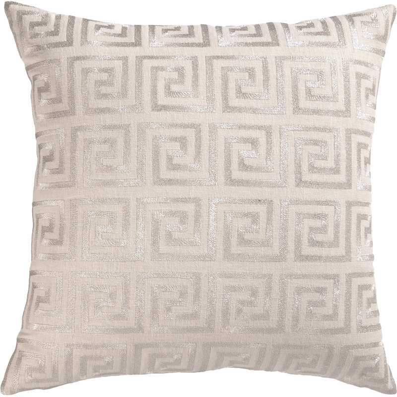 Coussin en lin brodé à motif de clé grecque, Argent métallique