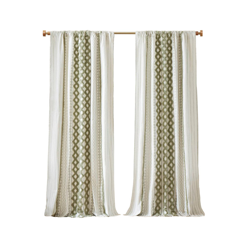 1 panneau de rideau imprimé vert 50 po avec rayures et doublure en chenille, L 50 po x L 84 po