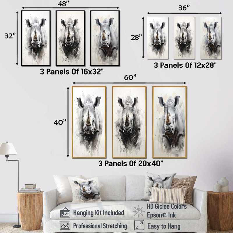 Mighty Stampede Rhinoceros - Ensemble de 3 impressions sur toile Rhinoceros, Cadre flottant brun, H 28 po x l 36 po
