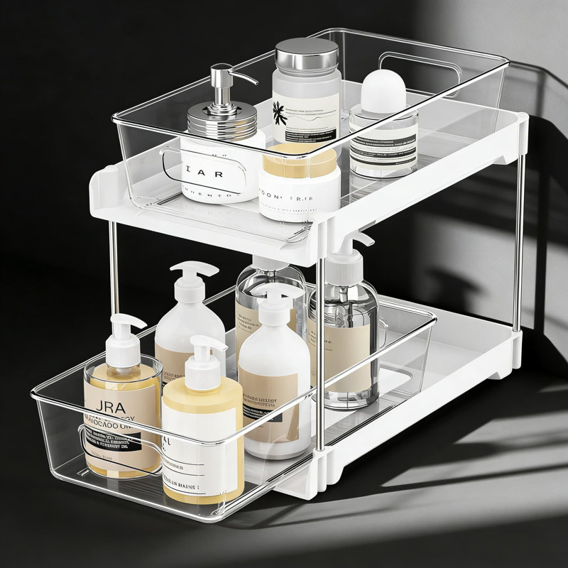 Organisateur coulissant à 2 niveaux avec tiroirs coulissants, solution de rangement sous l'évier pour la salle de bain, la cuisine et le garde-manger, conception durable et transparente pour un accès facile et une maximisation de l'espace