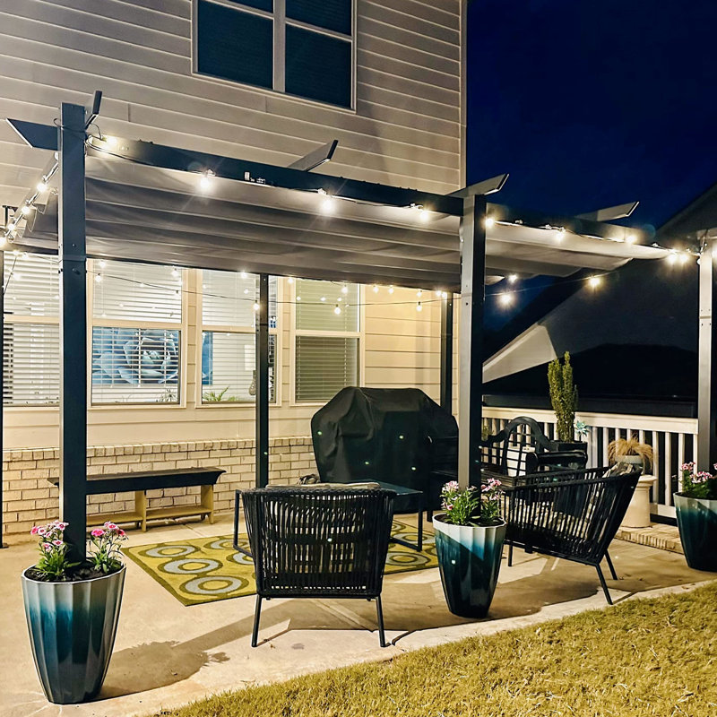 11 X 16 Ft Dark Gray Courtyard Gathering Hub Pergola With Canopy. Aluminum, Fabric, Adjustable For Group Activities Patio Dining Aluminum Frame, Outdoor Eating