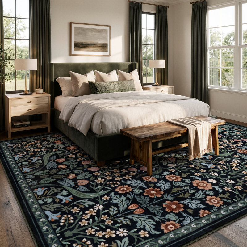 Tapis lavable à motif floral Kaldi, Rectangle 9 pi x 12 pi, Noir