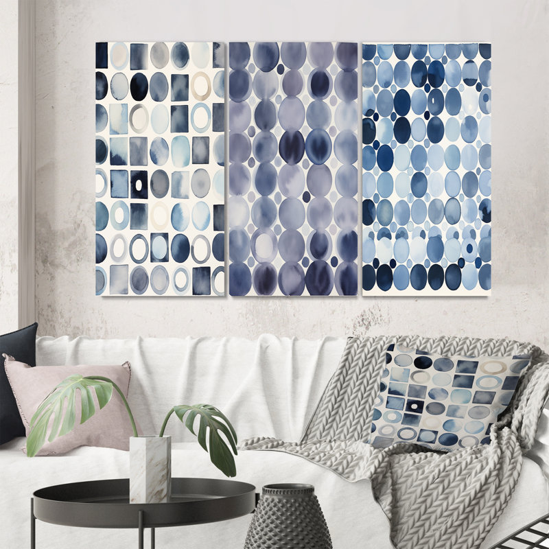 «Universal Grid Circular Watercolor Retro Blue II», 3 pièces sur toile, Toile tendue, H 28 po x l 36 po