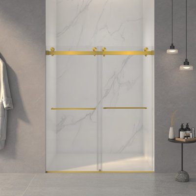 56-60"W X 70"H Frameless Double Sliding Shower Door,5/16" (8Mm) Thick SGCC Tempered Clear Glass,Double Side Easy Clean Coat,Brushed Gold Finished With Buffer