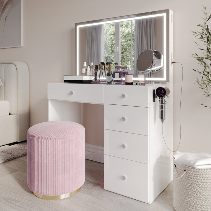 Emilia Compact Premium Vanity With Bluetooth Speakers & LED Mirror, White