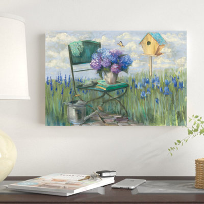 «Green Chair with Hydrangea» par Carol Rowan, reproduction d'art sur toile tendue