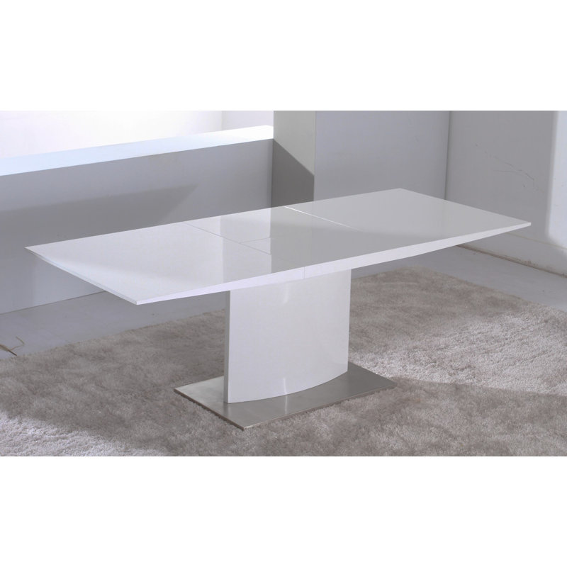 Table de salle à manger extensible 63-87 pouces, plateau laqué blanc, acier inoxydable