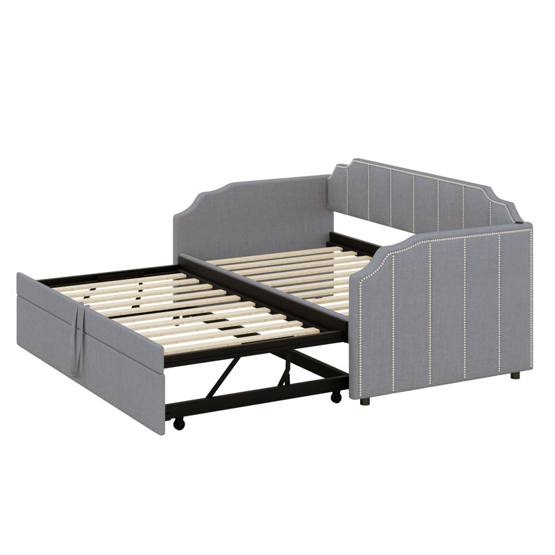 Daybed with Upholstered Design, Pop-Up Trundle, Gray