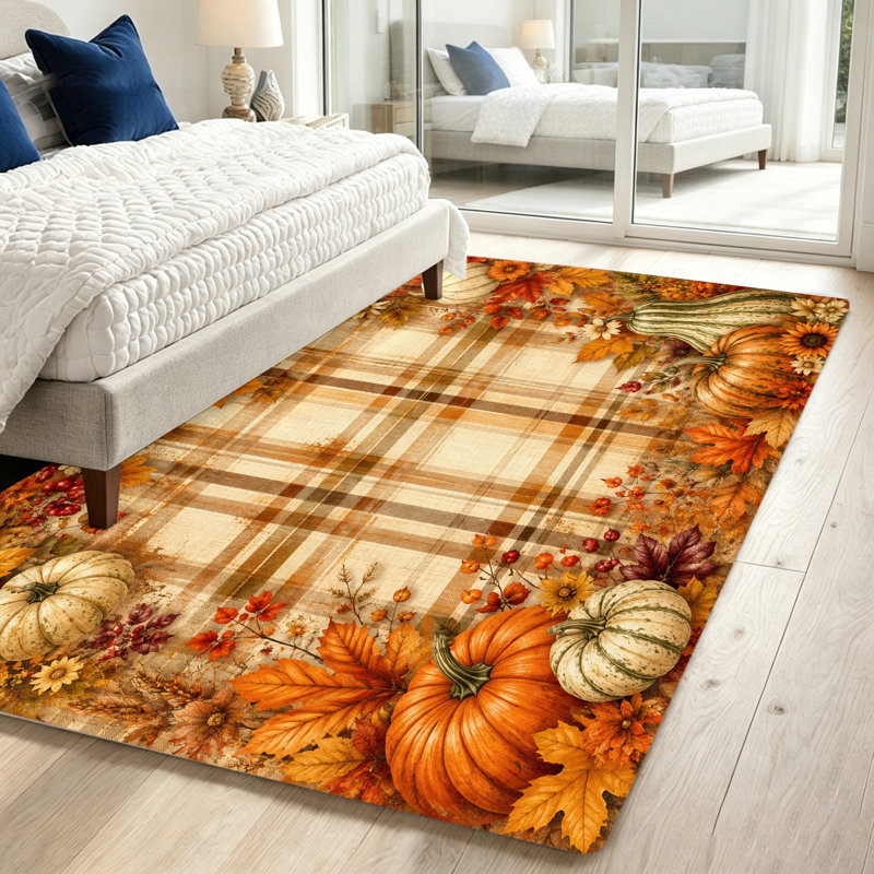 Tapis d'intérieur à carreaux d'automne, motif citrouille et feuille d'érable, décoration festive d'automne, tapis décoratif pour les fêtes de fin d'année, tapis de sol pour salon, chambre, entrée, bureau et salle à manger