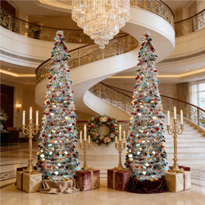 2 Pcs 5 ft Collapsible Artificial Christmas Tree Pop up Sequined Tinsel Pencil Skinny Xmas Tree for Home Fireplace Decoration
