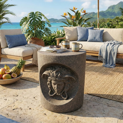 Table d'appoint de jardin de 19 po de largeur, table d'appoint de patio au fini travertin noir, table de bout en faux pierre pour balcons, jardins, bord de piscine, noir