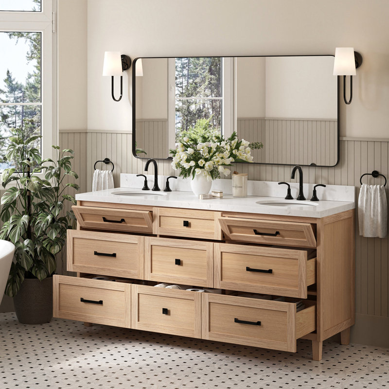 ARIEL Monroe 72 Double Sink Bathroom Vanity with Carrara Quartz Top, Oak, 72" - 73", Carrara White Quartz