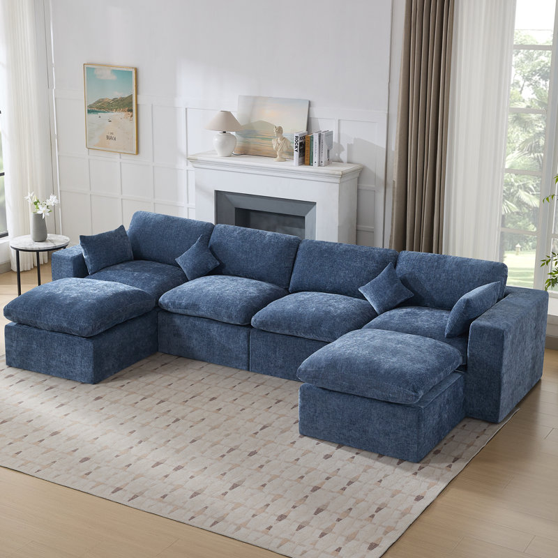 Canapé modulaire à compression avec 2 repose-pieds, Chenille bleu, 6