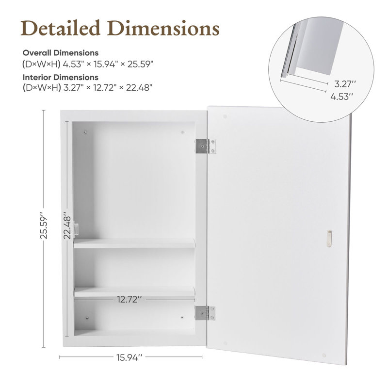 Medicine Mirror Cabinet for Bathroom, Surface and Recessed Mount, 26" H x 16" W x 3.86" D