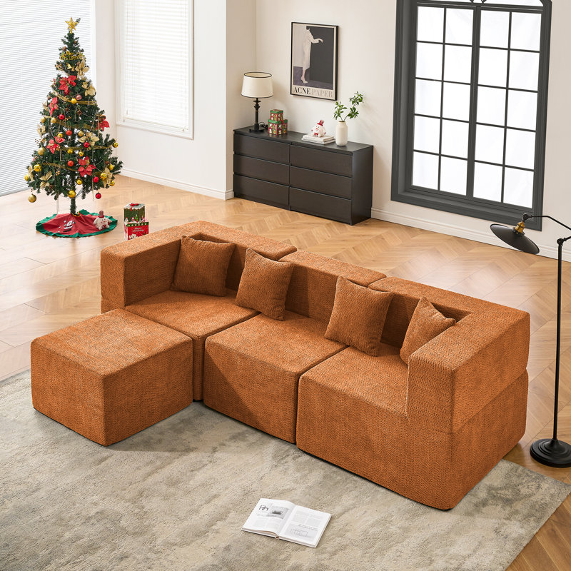 Modular Boneless Sectional Sofa With 1 Ottoman,Modern Minimalist Upholstered Couches, Comfort U Shaped Sofa For Living Room,Deep Seat Corner Couch,No Assembly Required