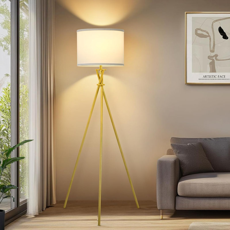Modern Tripod Floor Lamp With Rotary Switch, 61-Inch Tall Standing Lamp, White Shade, Compatible With Smart Home Systems, Easy Assembly, Stable Metal Base For Living Room, Bedroom, Office