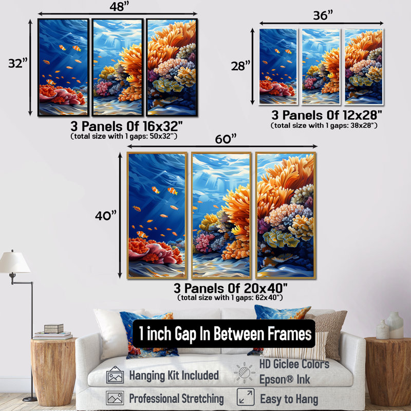 Grande barrière de corail brun-bleu II «Grande barrière de corail brun-bleu II» 3 pièces, H 40 po x l 60 po x P 1 po