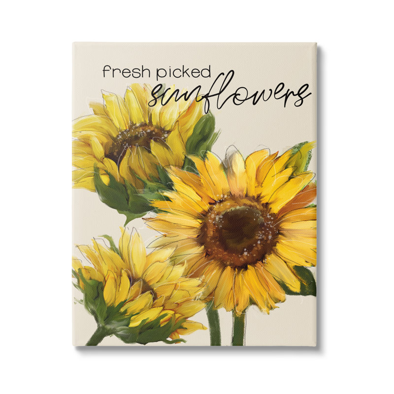 «Fresh Picked Sunflowers Calligraphy Vivid Yellow Blossoms», impression sur toile, Toile tendue, H 20 po x l 16 po x P 1,5 po