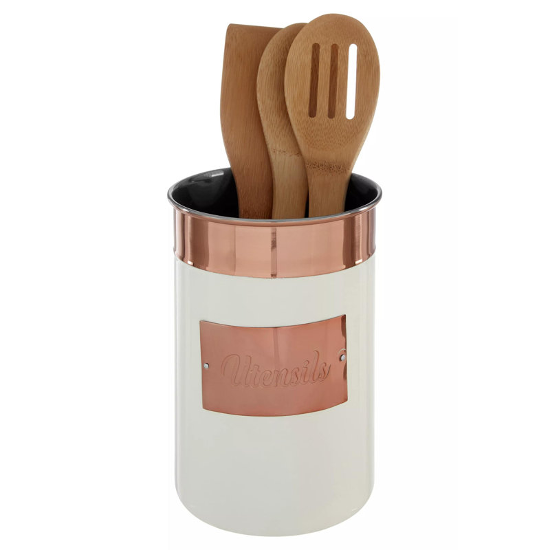 Metal Round Utensil Crock, Cream/Copper