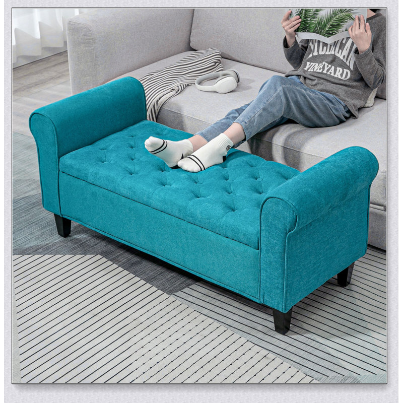 Banc de rangement avec repose-pieds et banc rembourré avec accoudoirs roulés, Bleu sarcelle