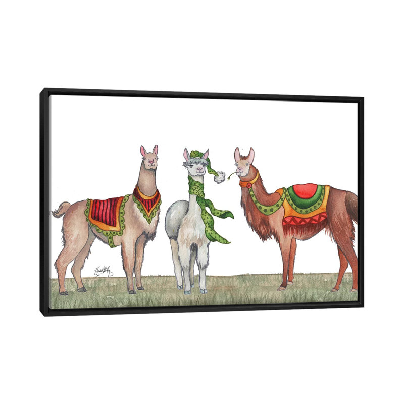 «Christmas Llamas» par Elizabeth Medley - reproduction d'art, Aucun mat, H 18 po x l 26 po x P 1,5 po, Toile avec cadre noir