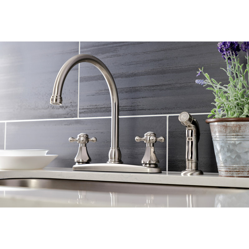 Kingston Brass Metropolitan Two-Handle 4-Hole 8" Centerset Kitchen Faucet with Side Sprayer, Brushed Nickel