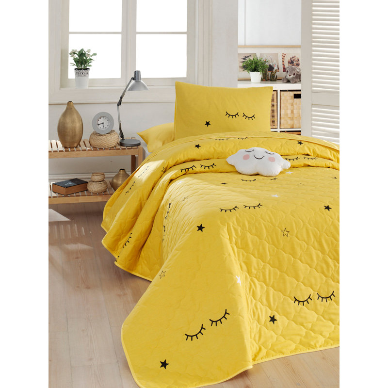 Couvre-lit 100% coton bleu Mobean, Couvre-lit 71 po x 89 po, Jaune