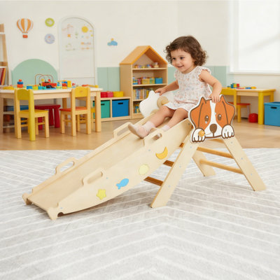 Ensemble de triangle jaune Montessori pliable 7-en-1. Jouets d'escalade en bois pour tout-petits avec rampe. Arche et échelle. Jungle d'intérieur pour enfants