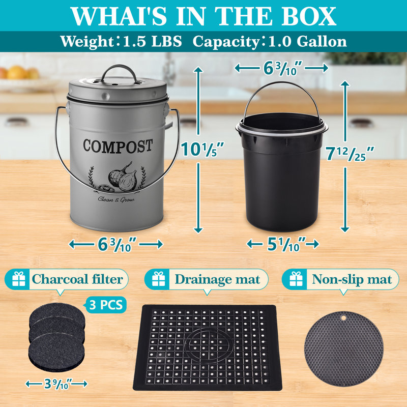 1 Gallons Metal Odor Resistant Indoor Kitchen Composter with Latching Lid, Black