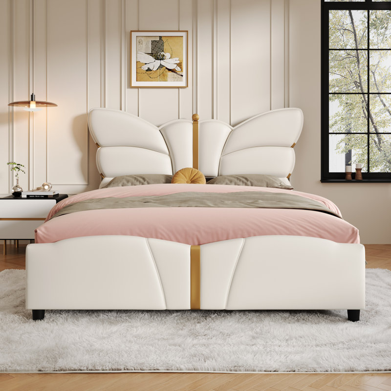 Structure de lit pleine grandeur en similicuir rembourré, avec tête et pied de lit en forme de papillon, structure de lit plateforme avec décorations en métal doré, aucun sommier nécessaire, beige