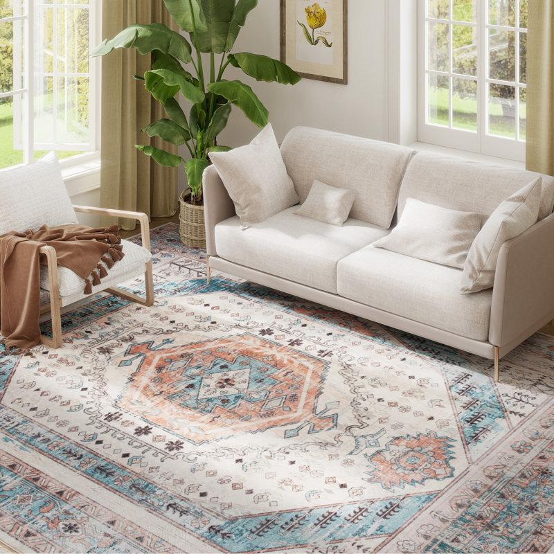  Vintage Machine Washable Rug, Non-Slip Floor Carpet for Living Room, Bedroom, Dining Room, Home Office, Brown and Blue