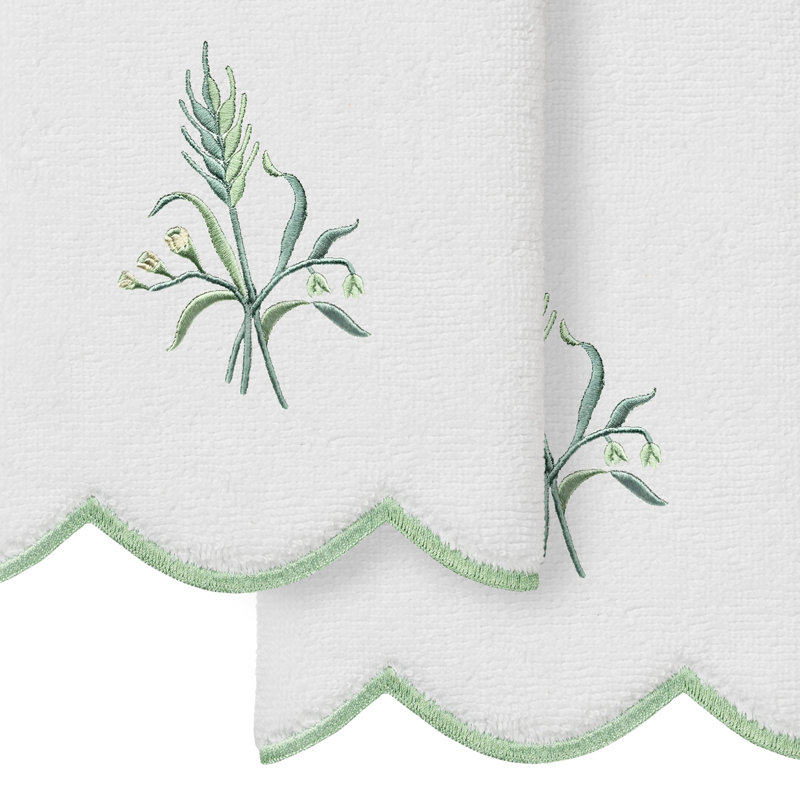  Ensemble de serviettes 100% coton festonné 100% coton festonné WHITNEY, Blanc/vert, Serviettes à doigts - paquet de 2