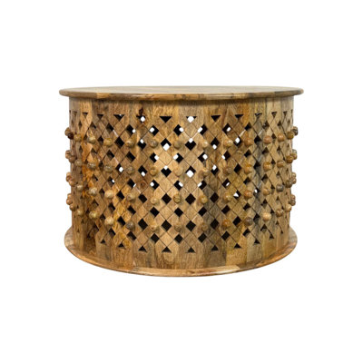 Elegant Tan 30" Round 18" High Lattice Artisan Mango Wood Coffee Table