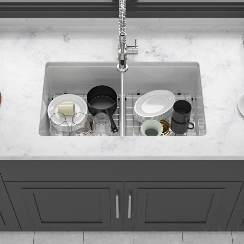 Évier de cuisine à double cuve en porcelaine réfractaire à double cuve encastrable 32 po x 19 po x 10 po