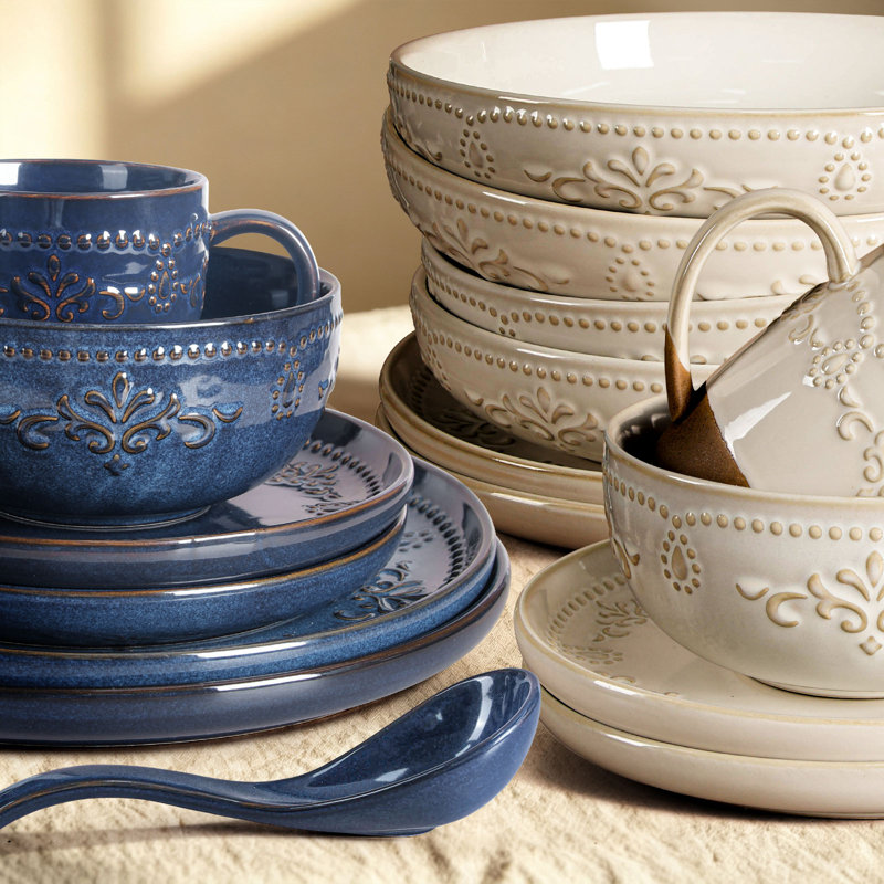 4-Piece 50oz Pasta Bowl Set, Unique Kiln Reactive Glaze Food-Grade Ceramic, Microwave Dishwasher Freezer Safe, Wedding & Holiday Gift（Damask Pattern）