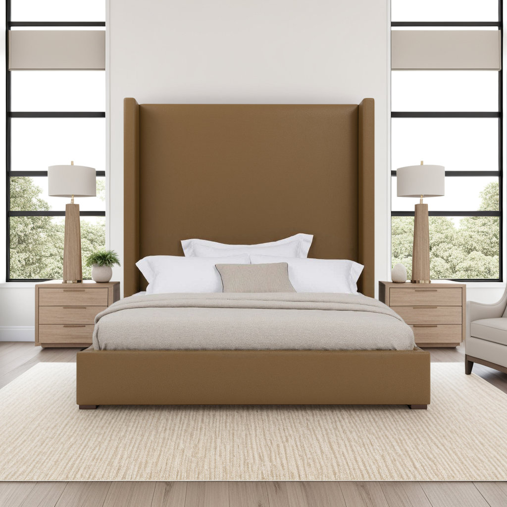 Doelling Vegan Leather Wingback Bed Latitude Run Color Caramel Size California King